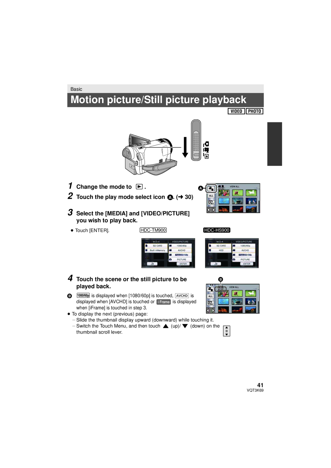 Panasonic HDC-TM900P/PC Motion picture/Still picture playback, Touch the scene or the still picture to be Played back 