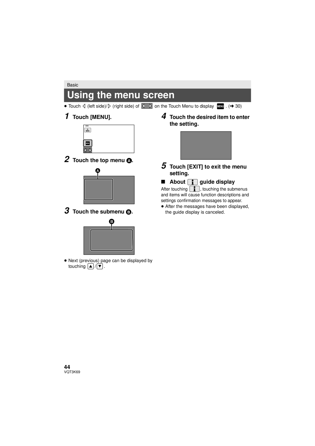 Panasonic HDC-HS900P/PC, HDC-TM900P/PC owner manual Using the menu screen, Touch Menu, ≥ Touch left side/ right side 