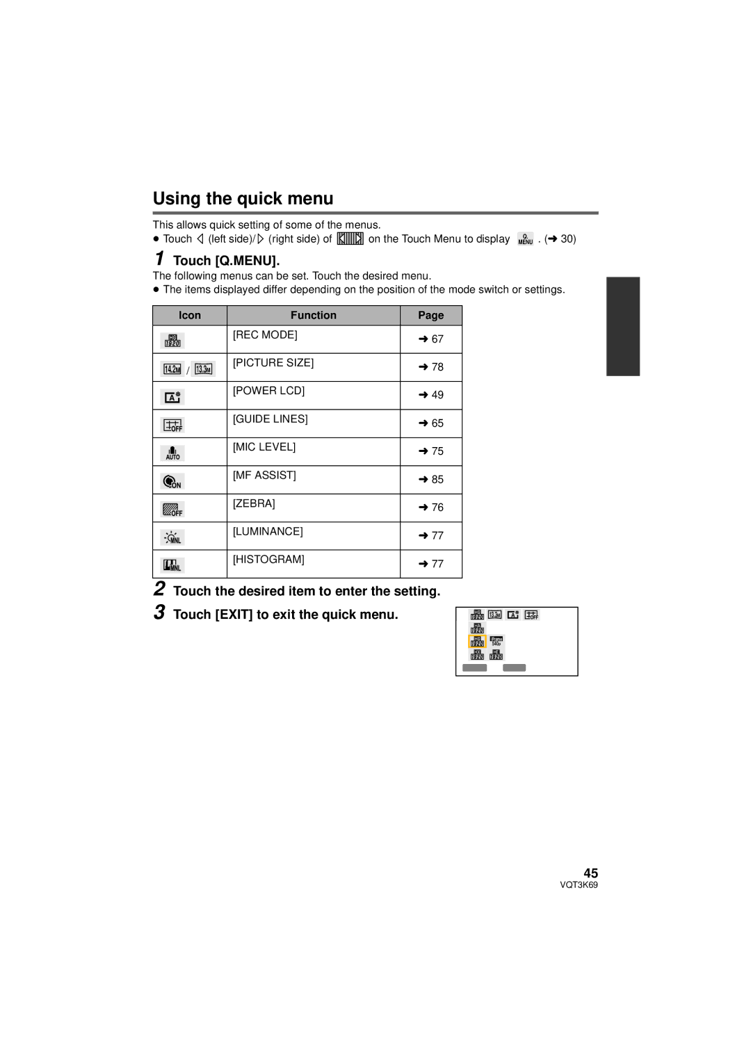 Panasonic HDC-TM900P/PC, HDC-HS900P/PC owner manual Using the quick menu, Touch Q.MENU, Icon Function 