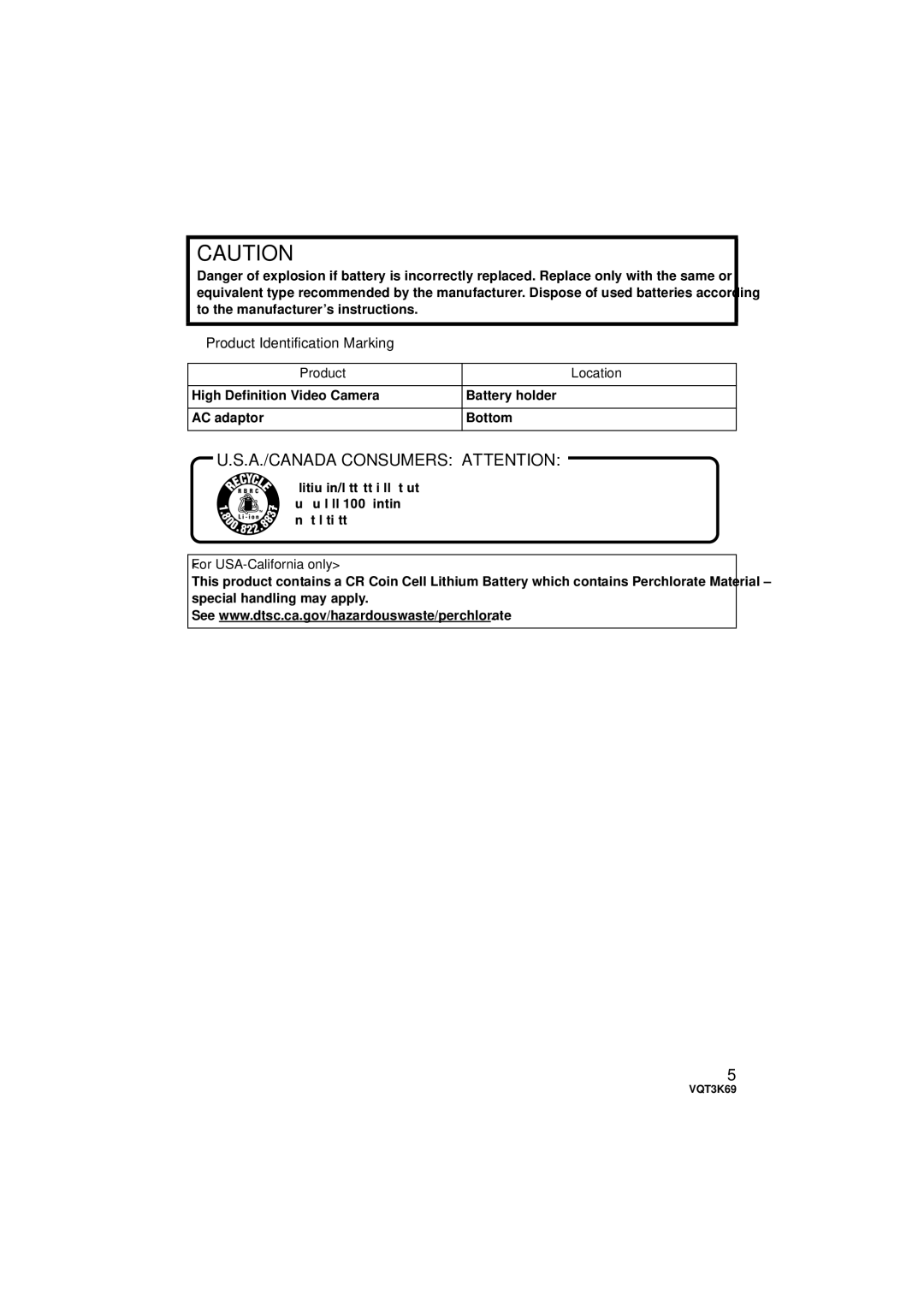 Panasonic HDC-TM900P/PC, HDC-HS900P/PC A./CANADA Consumers Attention, Product Identification Marking, Product Location 