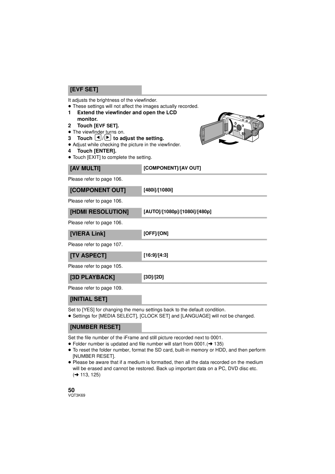 Panasonic HDC-HS900P/PC owner manual Evf Set, AV Multi, Component OUT, Hdmi Resolution, TV Aspect, 3D Playback, Initial SET 