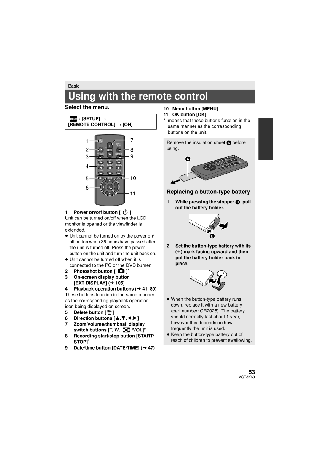 Panasonic HDC-TM900P/PC Using with the remote control, Replacing a button-type battery, Menu Setup # Remote Control # on 