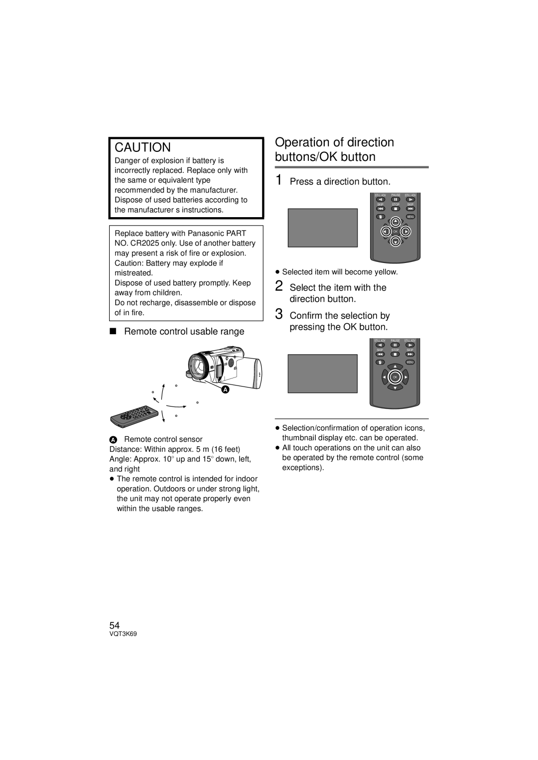 Panasonic HDC-HS900P/PC Operation of direction buttons/OK button, Remote control usable range, Press a direction button 