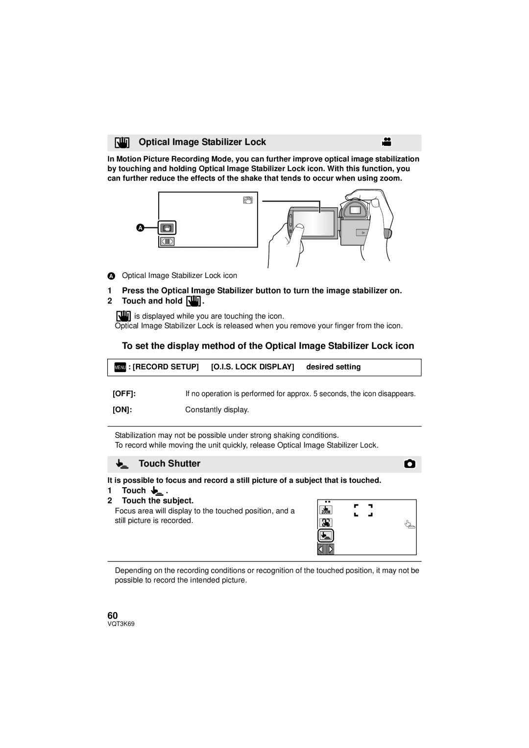 Panasonic HDC-HS900P/PC, HDC-TM900P/PC owner manual Touch Shutter, Optical Image Stabilizer Lock icon, Touch Subject 