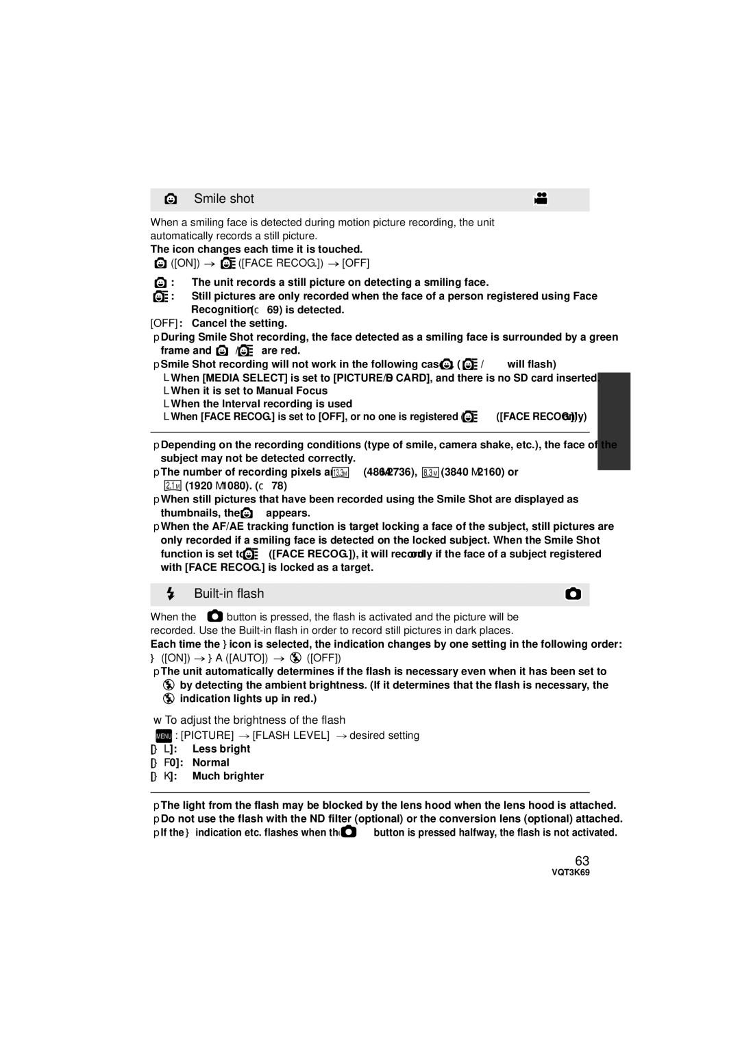 Panasonic HDC-TM900P/PC, HDC-HS900P/PC owner manual Smile shot, Built-in flash, To adjust the brightness of the flash 