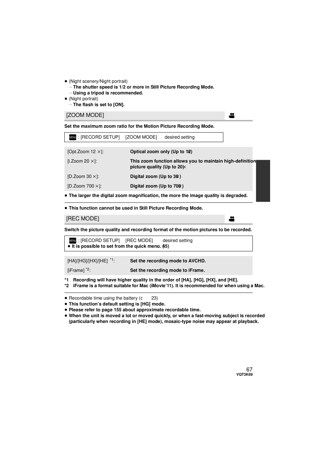 Panasonic HDC-TM900P/PC, HDC-HS900P/PC owner manual Zoom Mode, REC Mode 