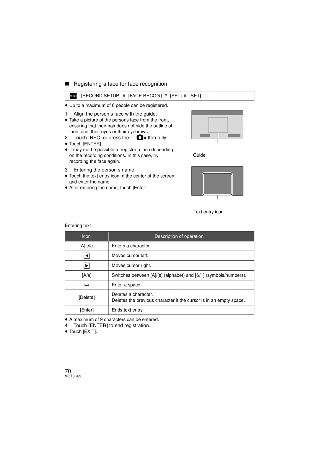 Panasonic HDC-HS900P/PC, HDC-TM900P/PC Registering a face for face recognition, Align the person’s face with the guide 