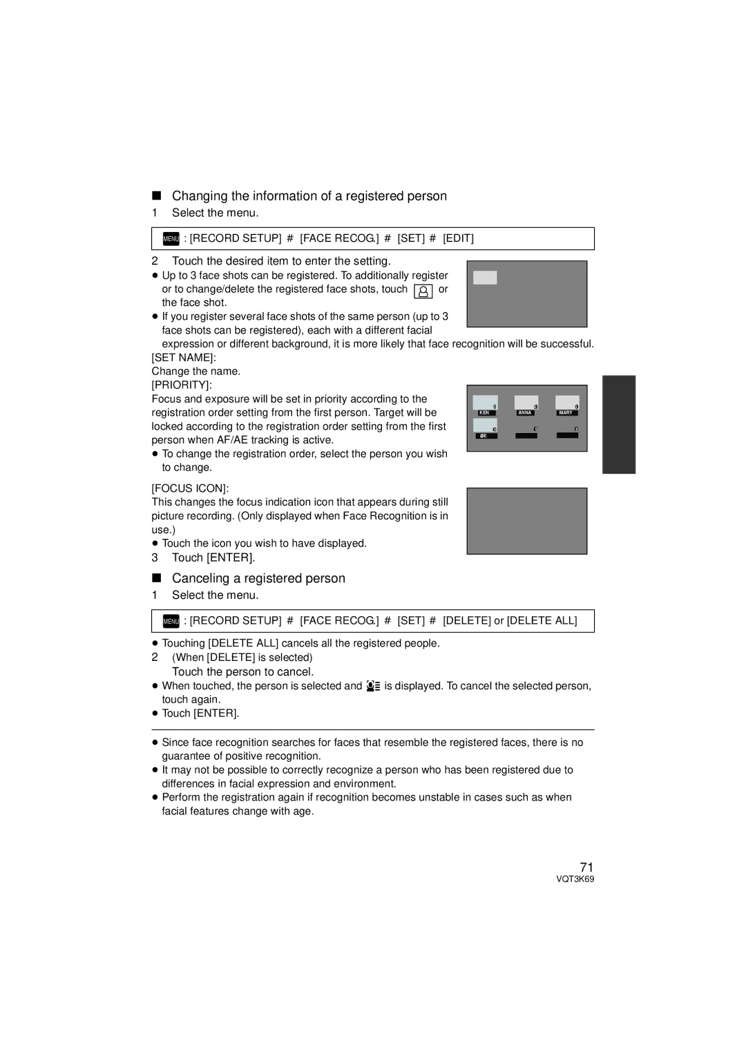 Panasonic HDC-TM900P/PC Changing the information of a registered person, Canceling a registered person, Select the menu 