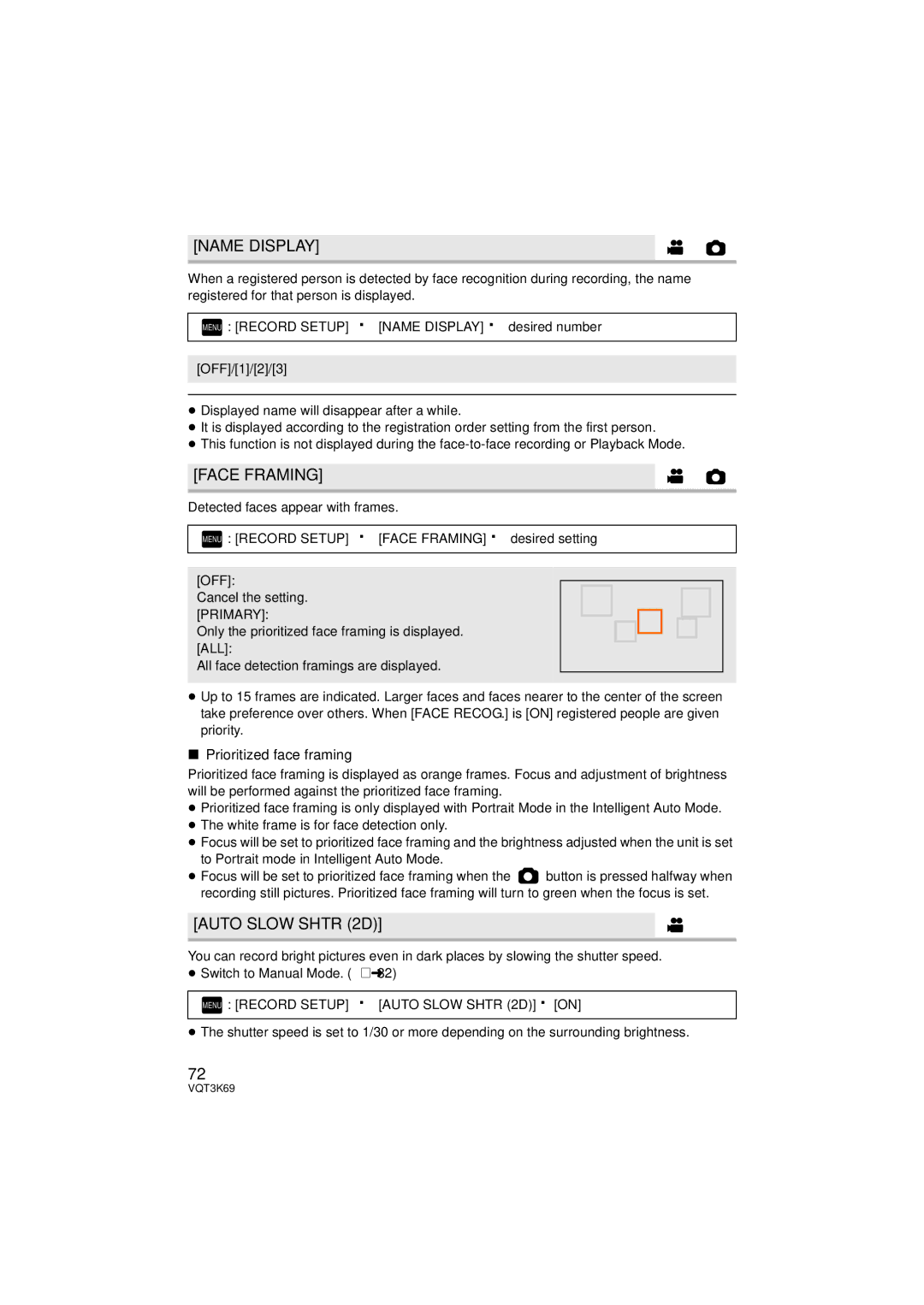 Panasonic HDC-HS900P/PC, HDC-TM900P/PC owner manual Name Display, Face Framing, Auto Slow Shtr 2D, Prioritized face framing 