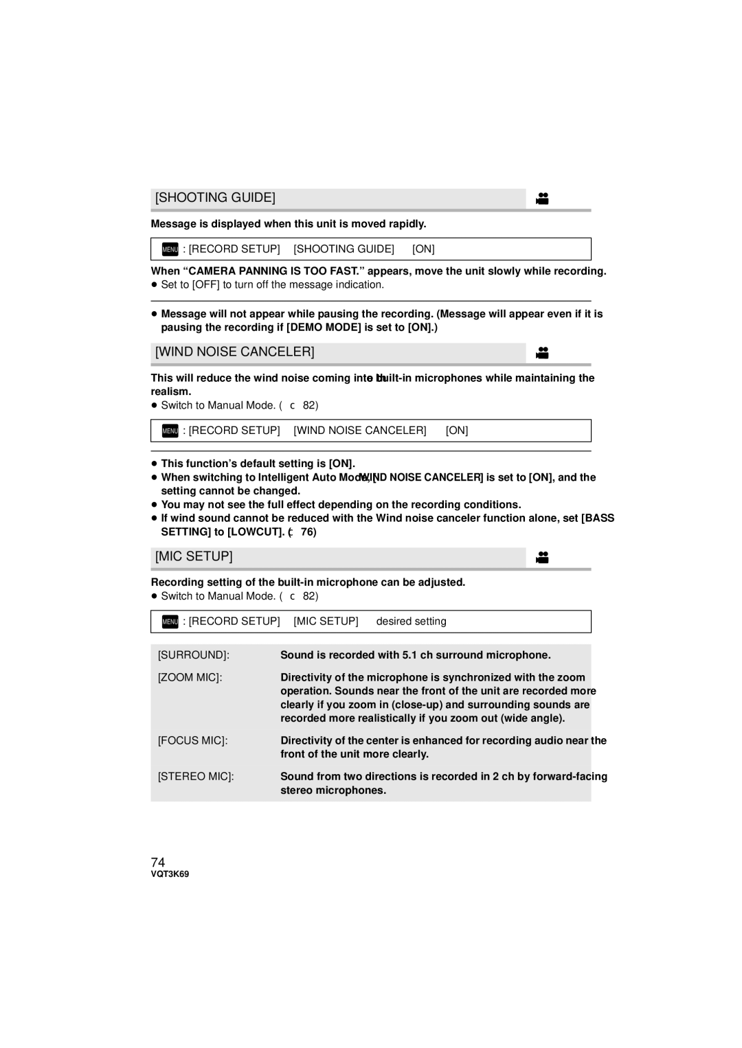 Panasonic HDC-HS900P/PC, HDC-TM900P/PC Wind Noise Canceler, MIC Setup, Menu Record Setup # Shooting Guide # on 