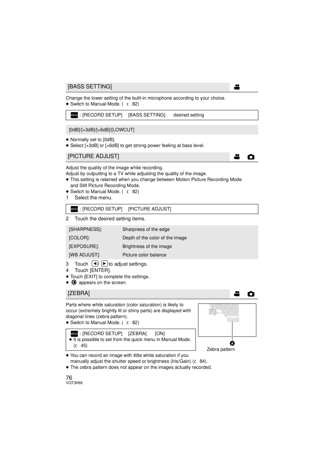 Panasonic HDC-HS900P/PC, HDC-TM900P/PC owner manual Bass Setting, Picture Adjust, Zebra, Touch the desired setting items 