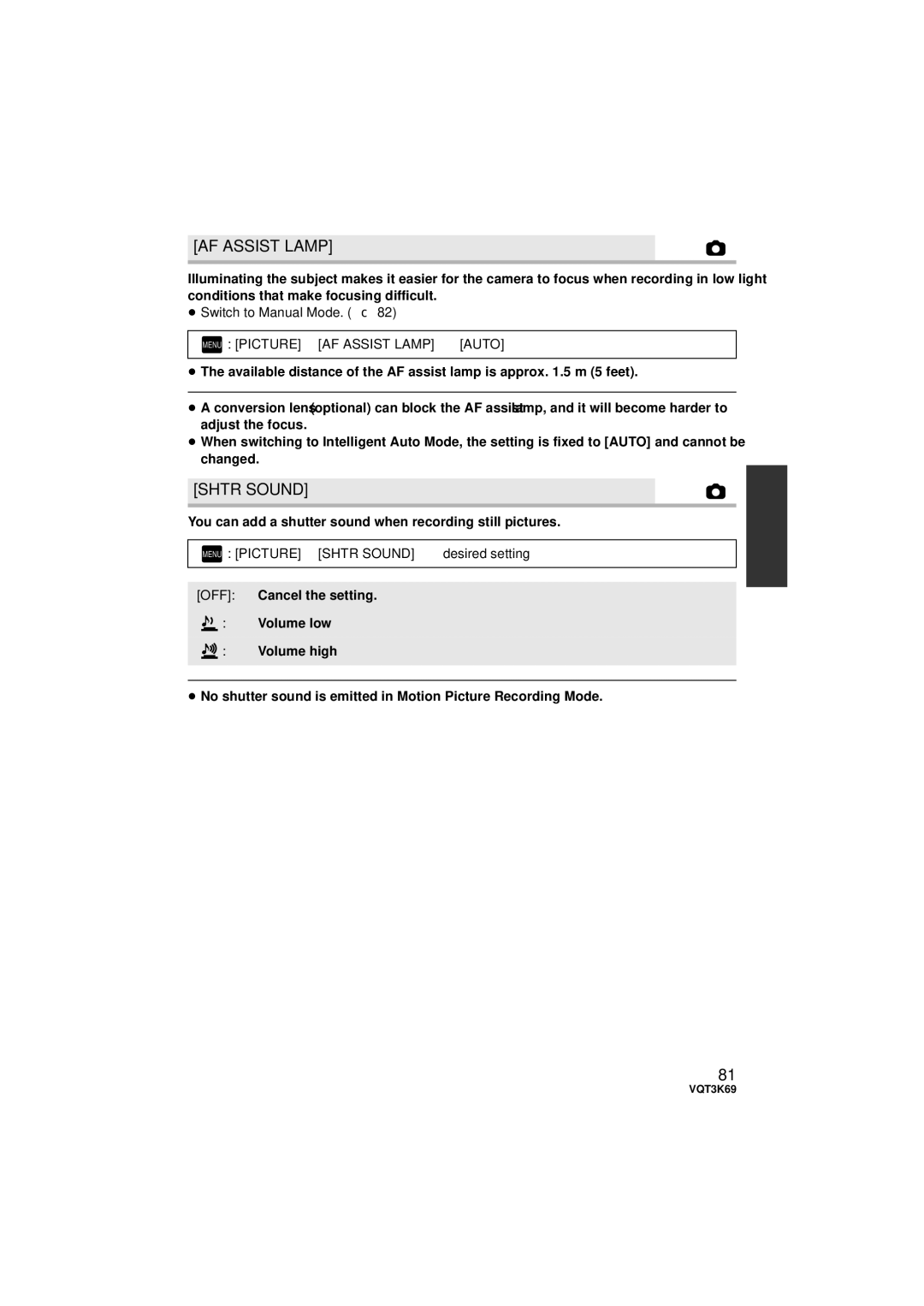 Panasonic HDC-TM900P/PC Menu Picture # AF Assist Lamp # Auto, Menu Picture # Shtr Sound # desired setting 