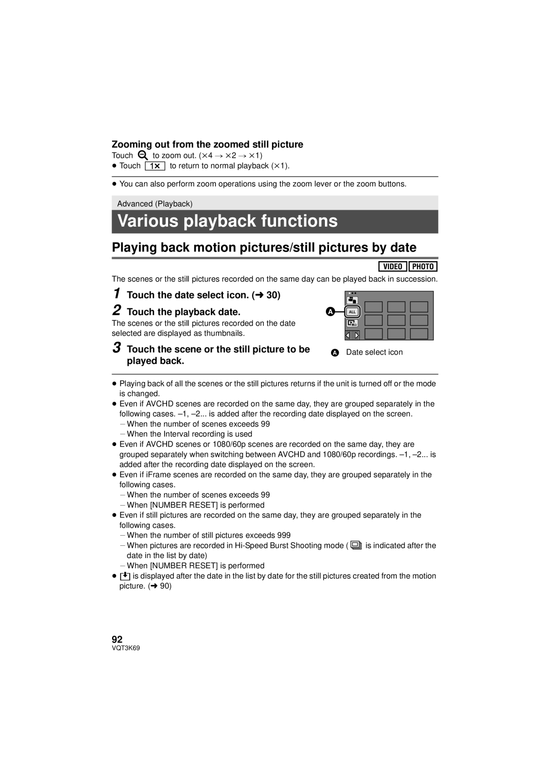 Panasonic HDC-HS900P/PC, HDC-TM900P/PC Various playback functions, Playing back motion pictures/still pictures by date 