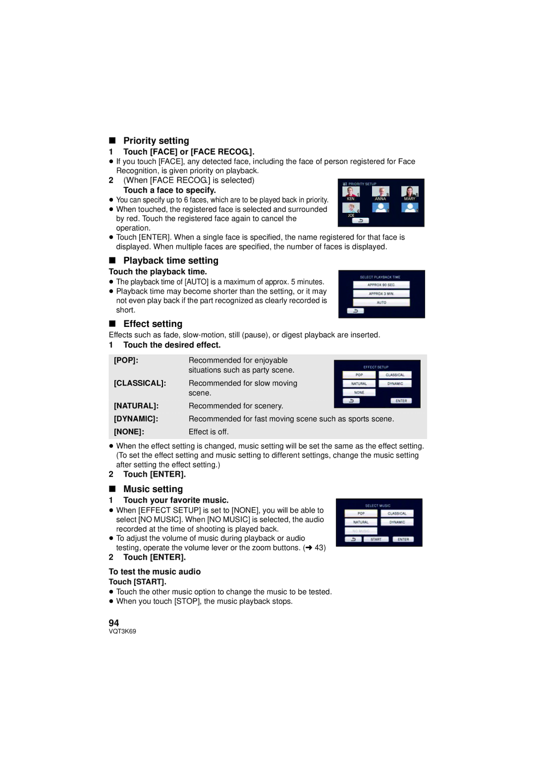 Panasonic HDC-HS900P/PC, HDC-TM900P/PC owner manual Priority setting, Playback time setting, Effect setting, Music setting 