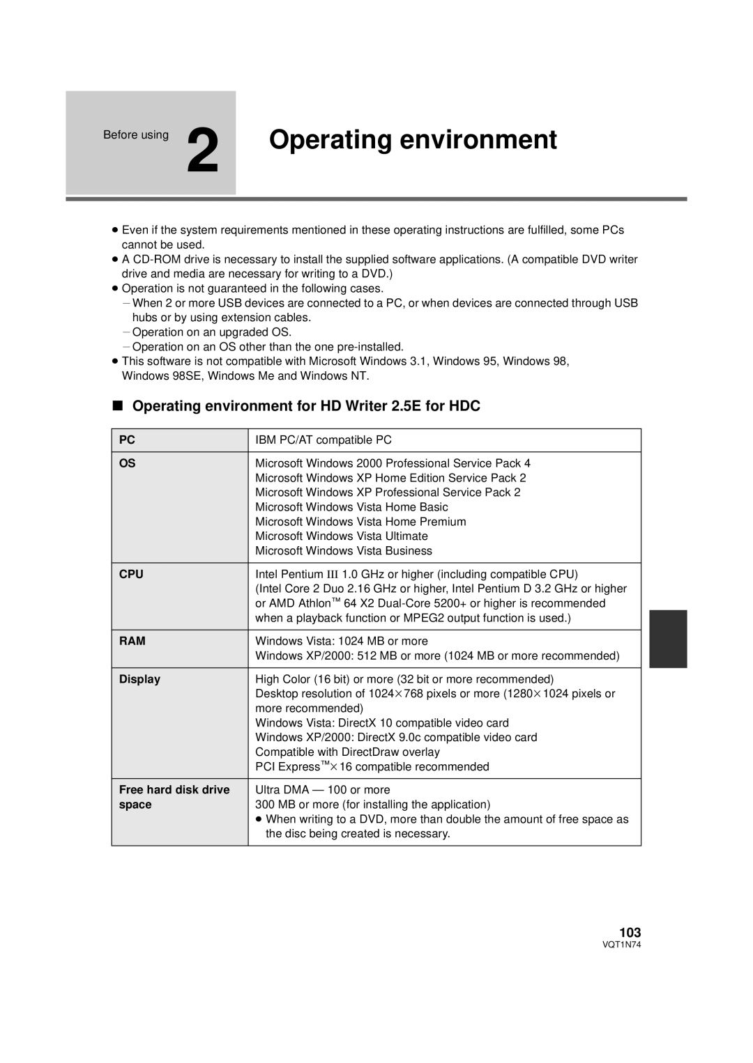 Panasonic HDC-HS9PC operating instructions Operating environment for HD Writer 2.5E for HDC, 103, Cpu, Ram 