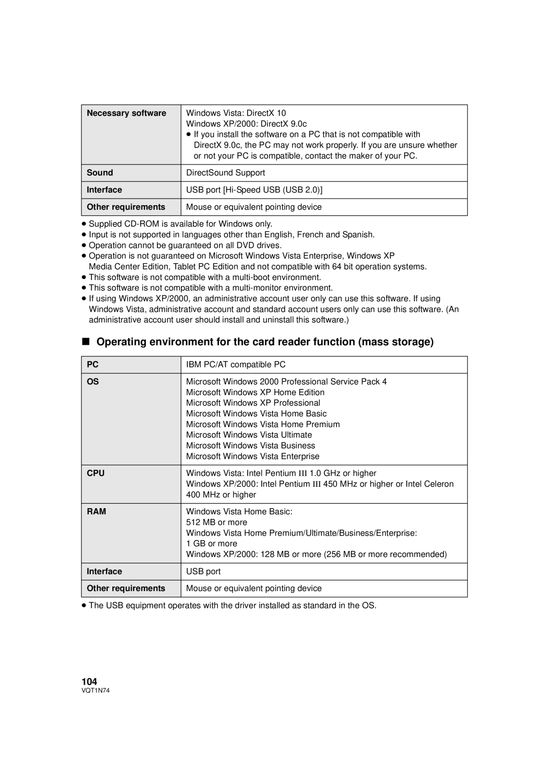 Panasonic HDC-HS9PC operating instructions 104, Necessary software, Sound, Interface, Other requirements 