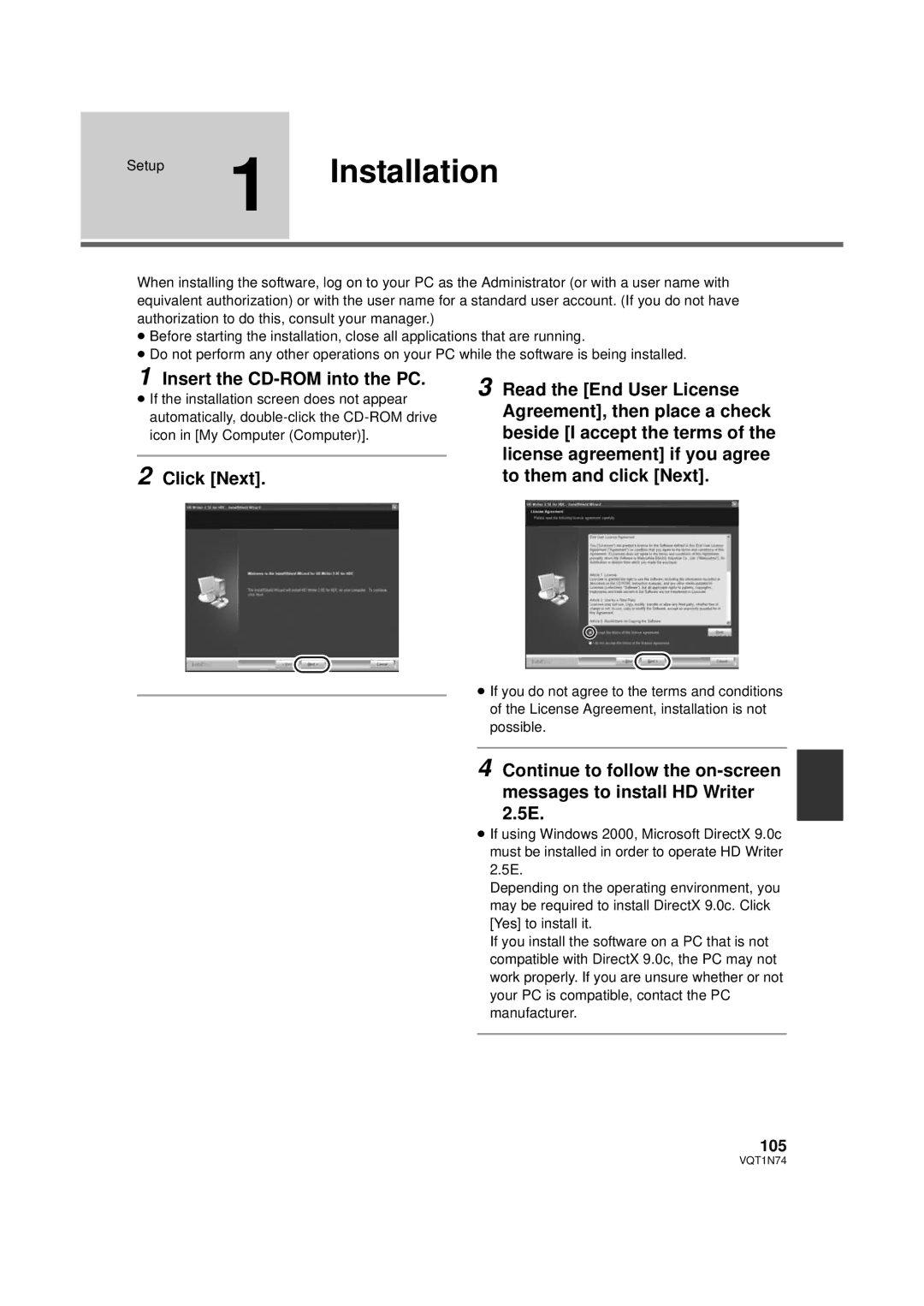 Panasonic HDC-HS9PC operating instructions Setup 1 Installation, Insert the CD-ROM into the PC, 105 