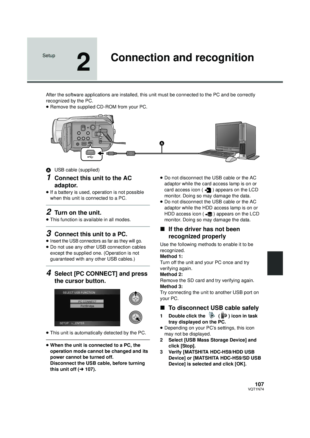 Panasonic HDC-HS9PC operating instructions Connection and recognition 