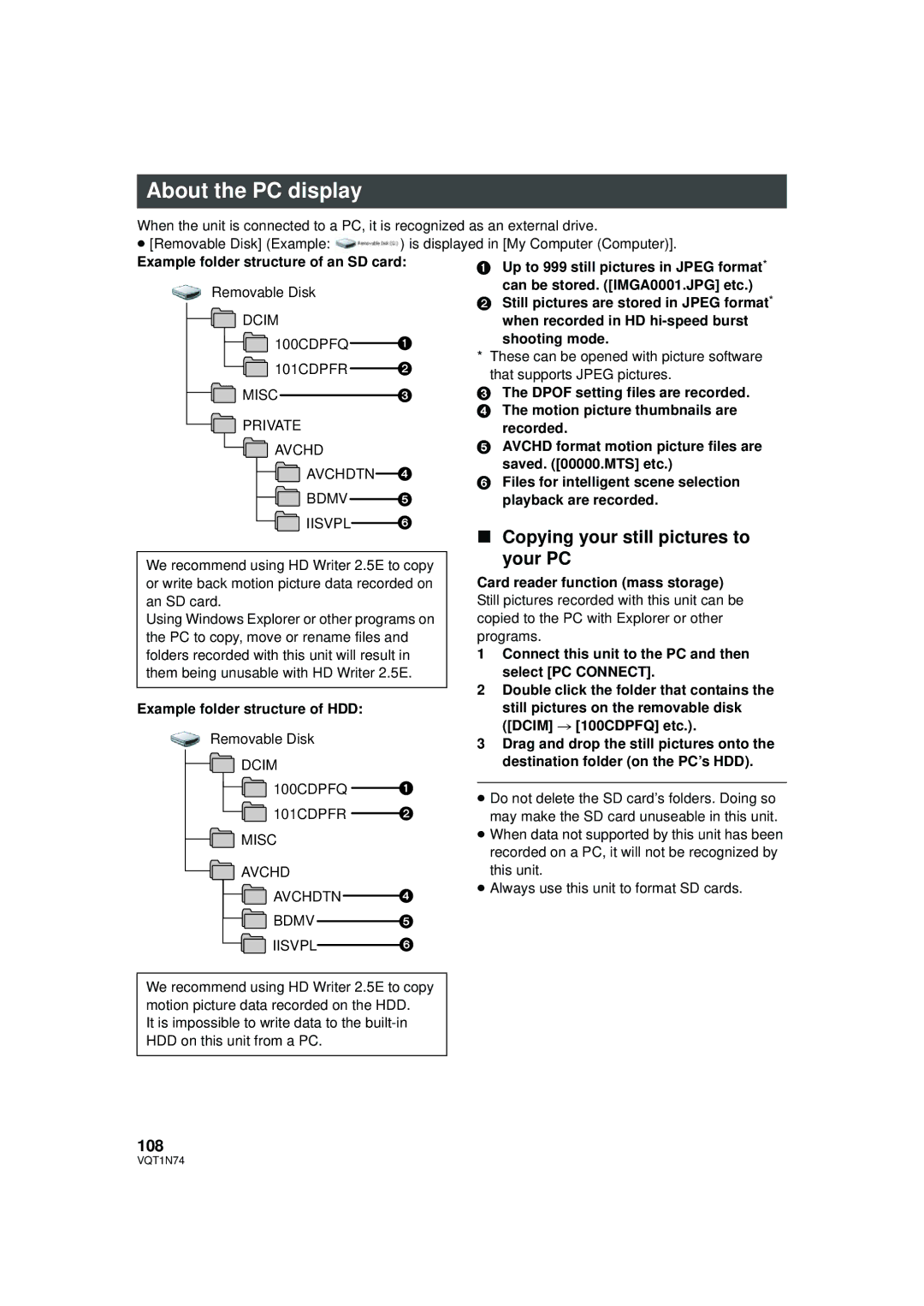 Panasonic HDC-HS9PC operating instructions About the PC display, Copying your still pictures to, Your PC, 108 