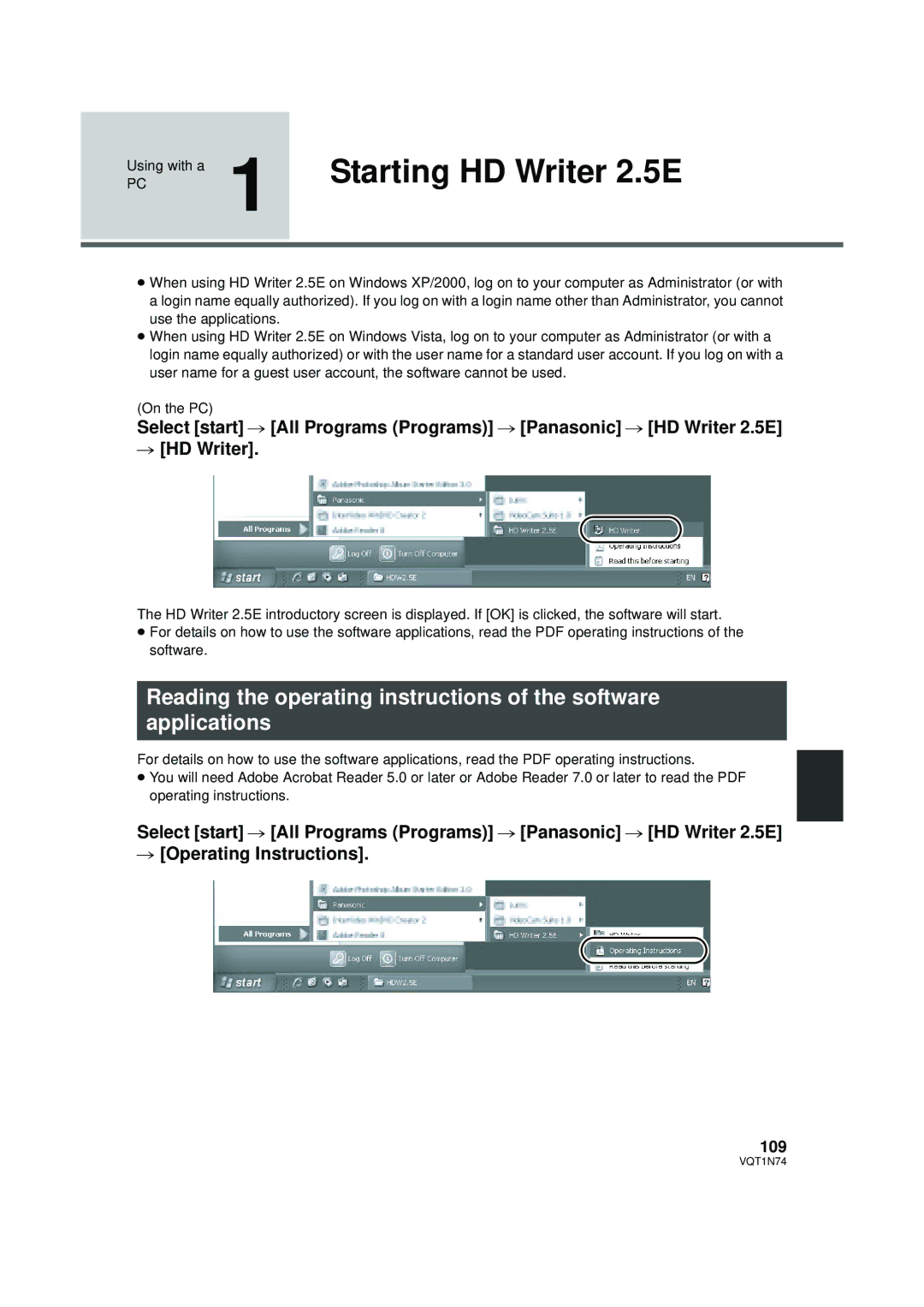 Panasonic HDC-HS9PC operating instructions Starting HD Writer 2.5E, 109 