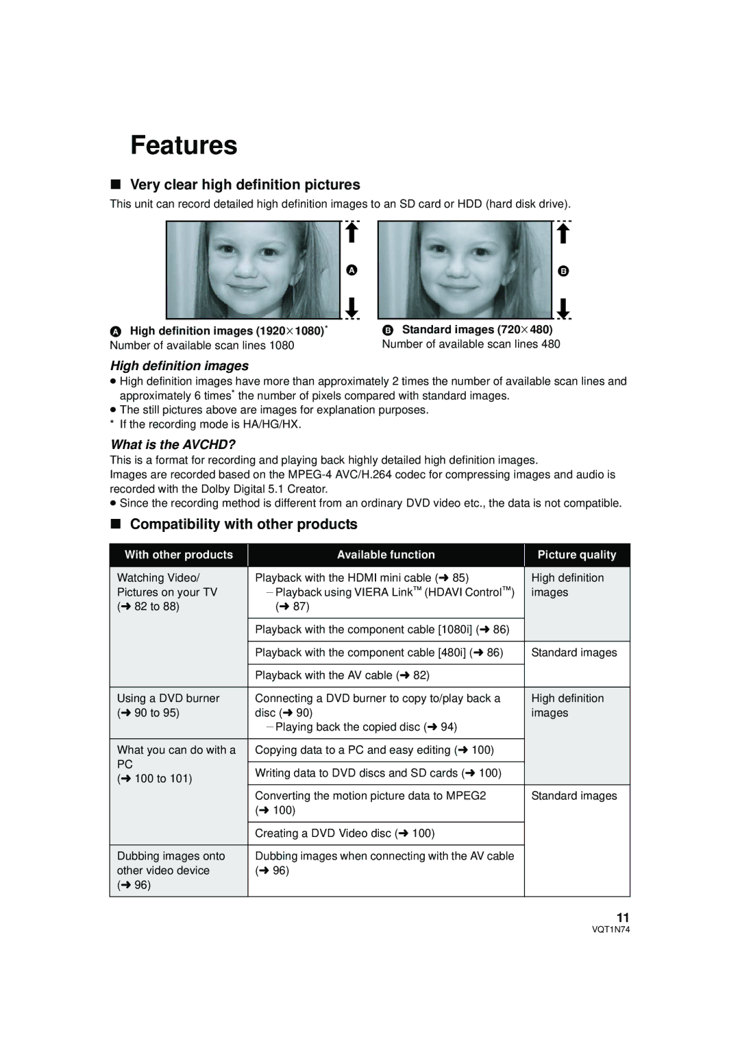 Panasonic HDC-HS9PC operating instructions Features, Very clear high definition pictures, Compatibility with other products 