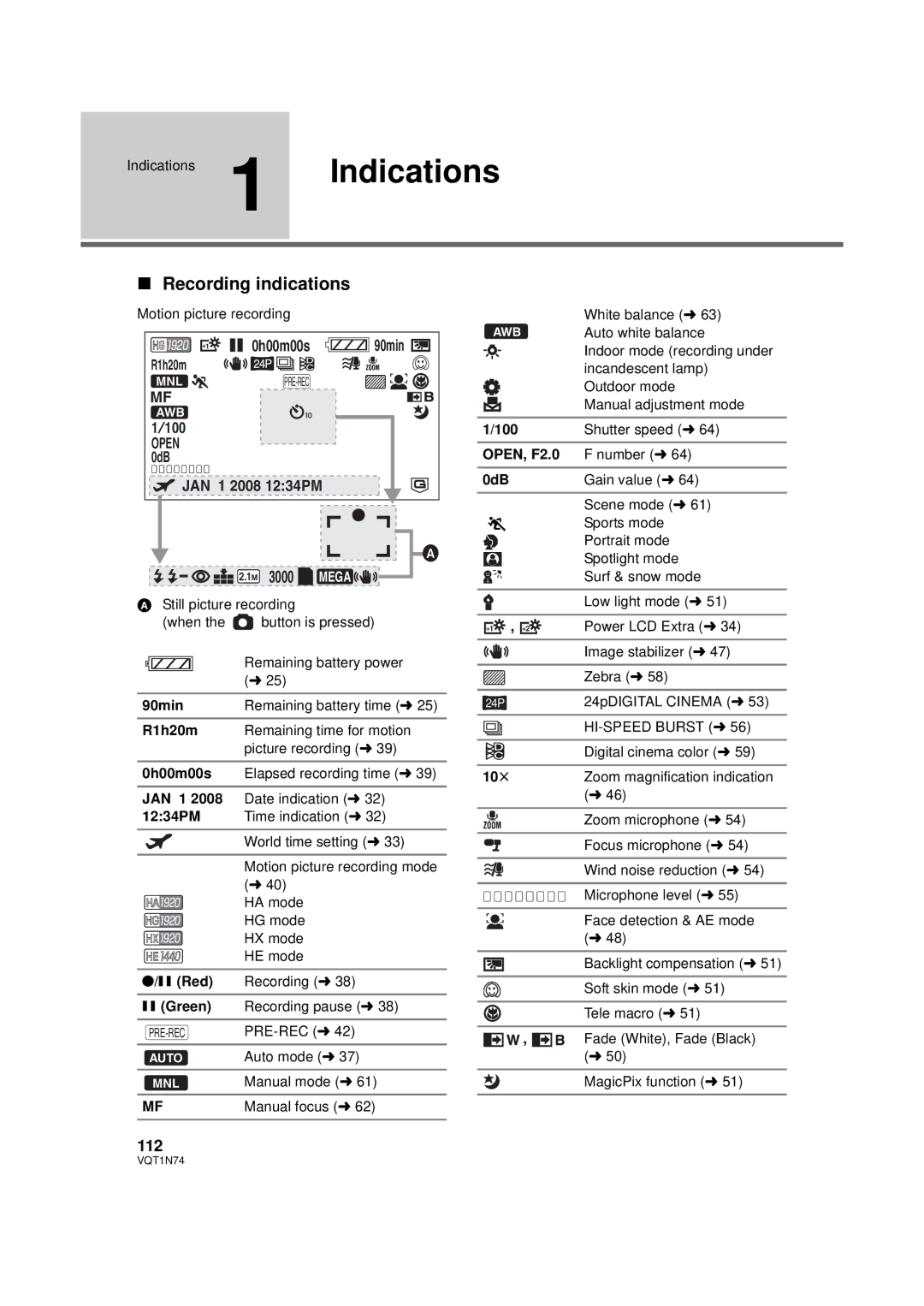 Panasonic HDC-HS9PC operating instructions Recording indications, 112 