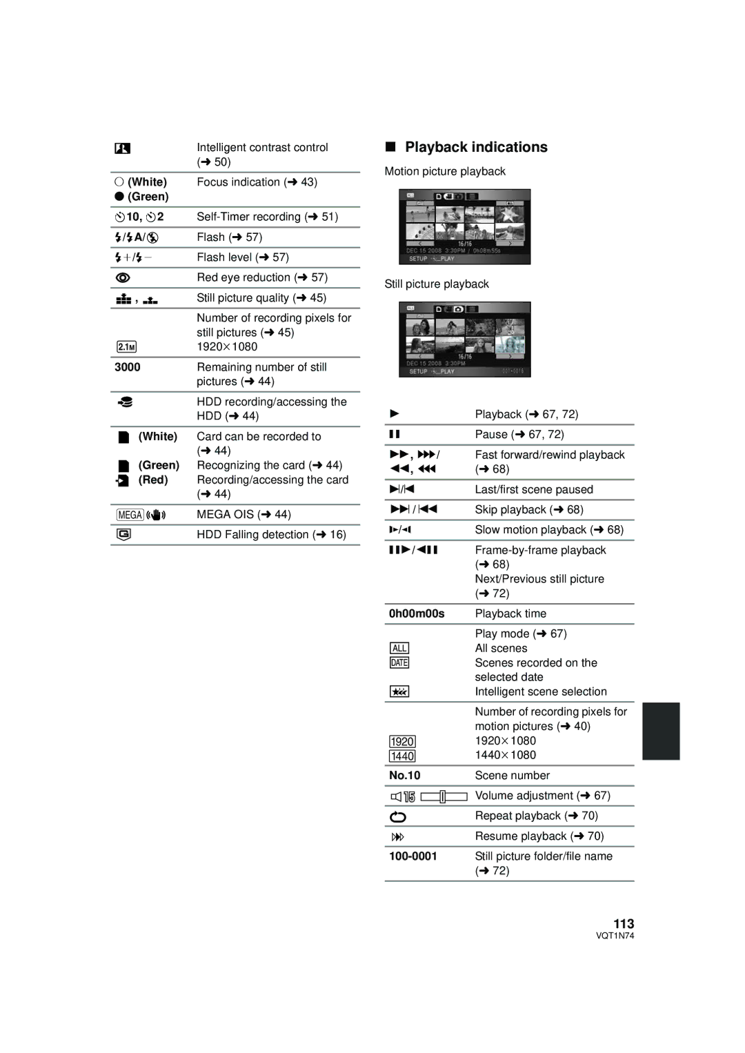 Panasonic HDC-HS9PC operating instructions Playback indications, 113 