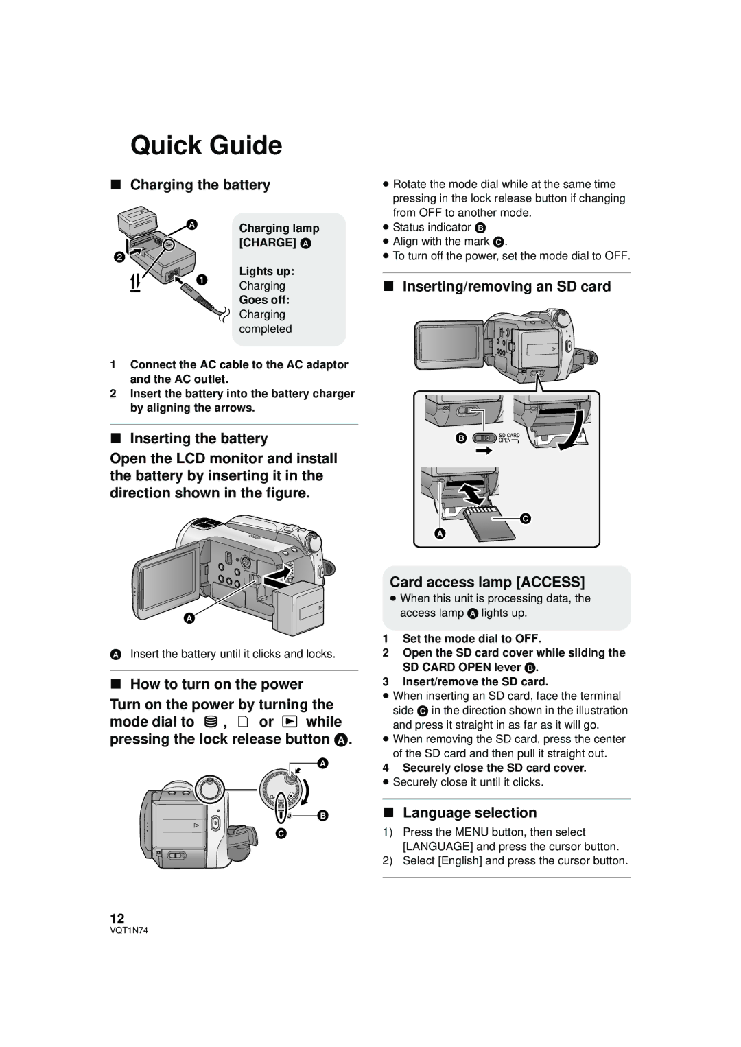 Panasonic HDC-HS9PC Quick Guide, Charging the battery, Inserting/removing an SD card Card access lamp Access 