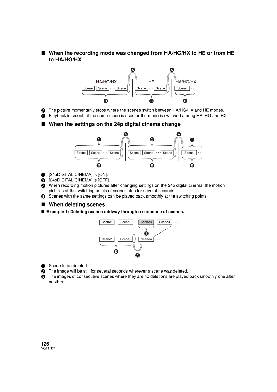 Panasonic HDC-HS9PC operating instructions When the settings on the 24p digital cinema change, When deleting scenes, 126 