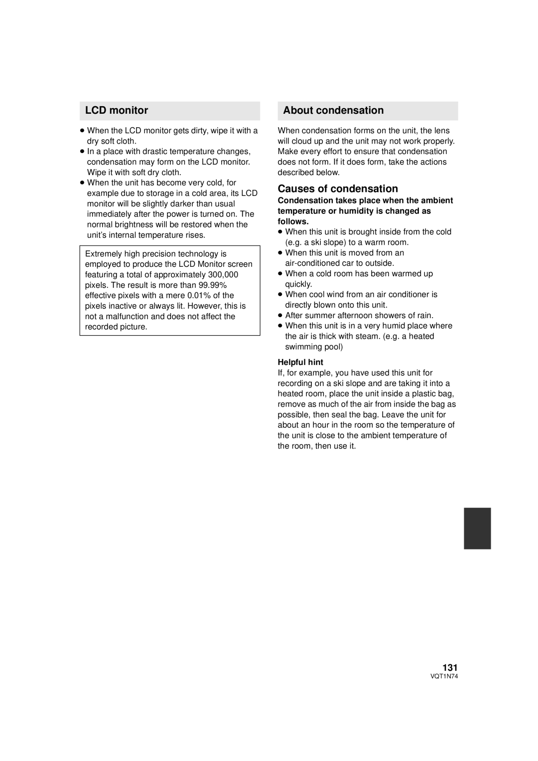 Panasonic HDC-HS9PC operating instructions LCD monitor, About condensation, Causes of condensation, 131, Helpful hint 