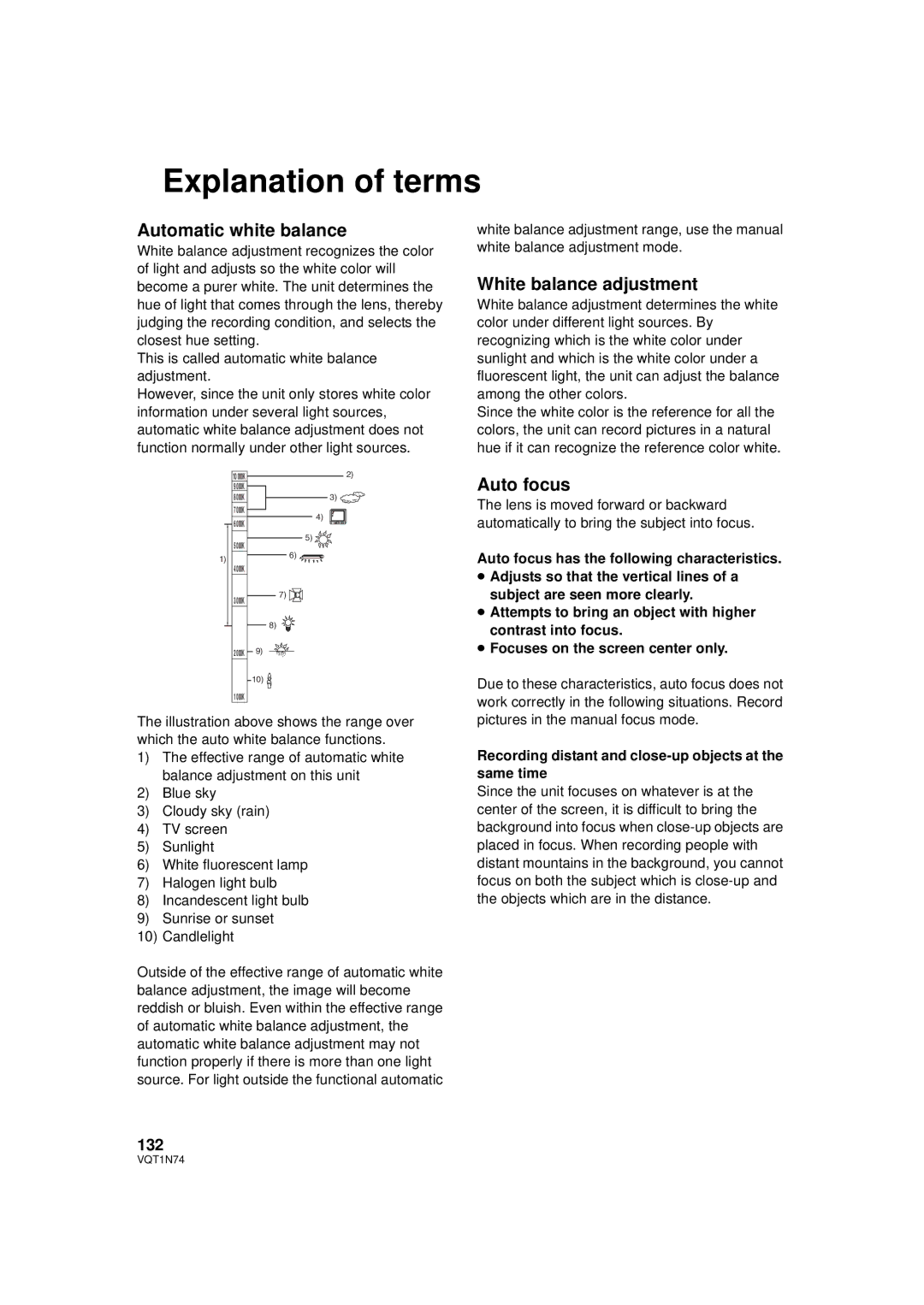 Panasonic HDC-HS9PC Explanation of terms, Automatic white balance, White balance adjustment, Auto focus, 132 