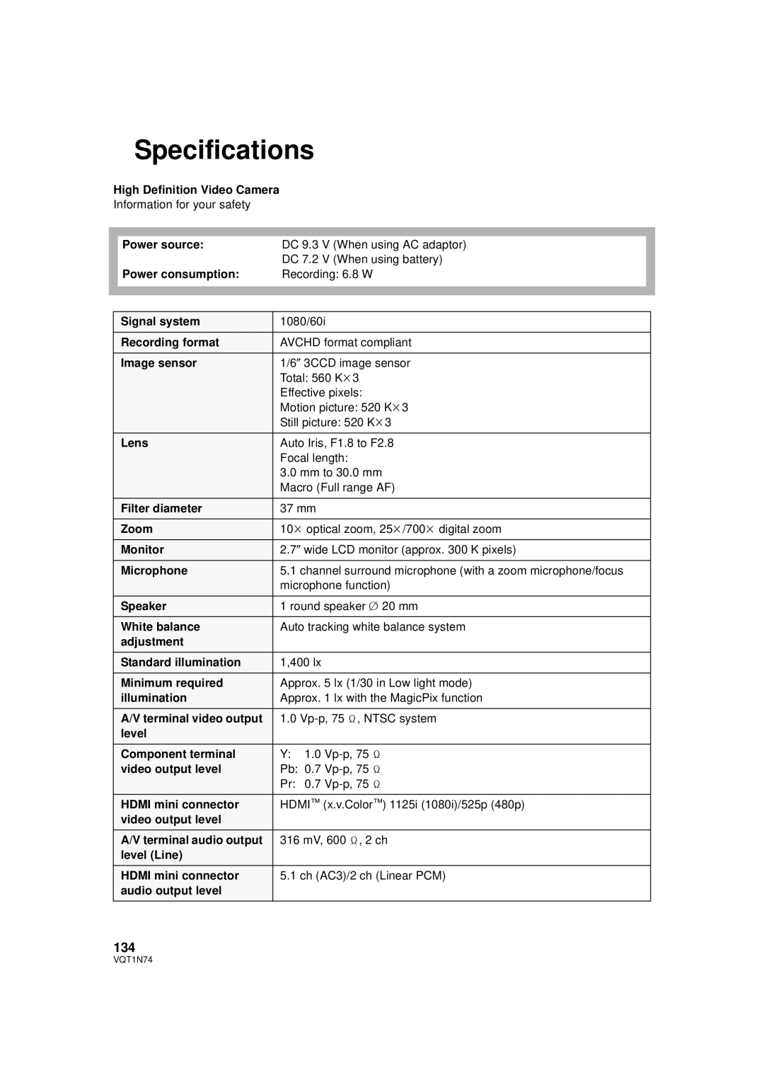 Panasonic HDC-HS9PC operating instructions Specifications, 134 