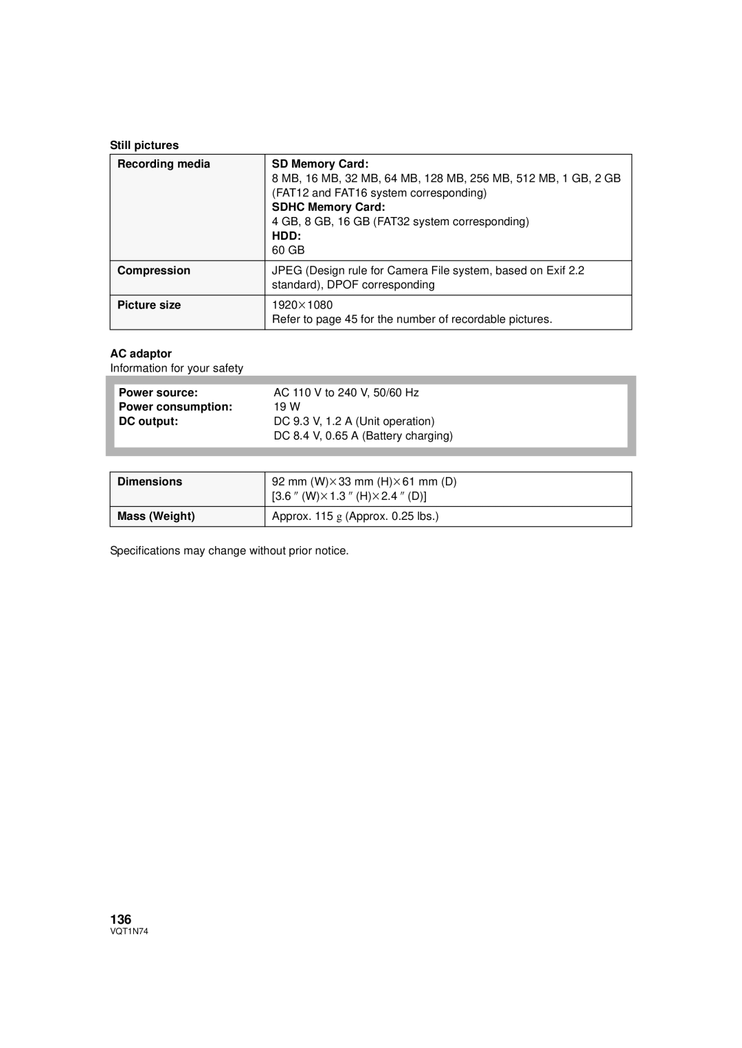 Panasonic HDC-HS9PC operating instructions 136, Still pictures Recording media SD Memory Card, DC output 