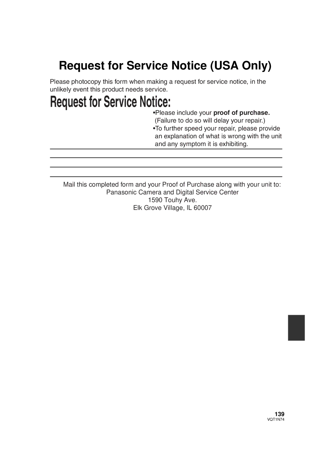 Panasonic HDC-HS9PC operating instructions Request for Service Notice USA Only, 139 