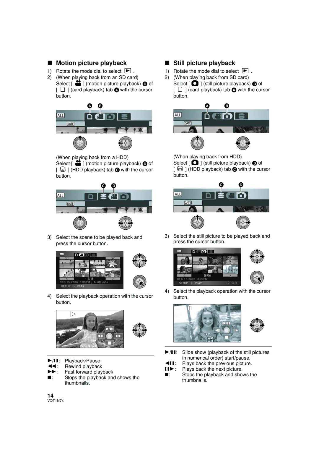 Panasonic HDC-HS9PC operating instructions Motion picture playback, Still picture playback 