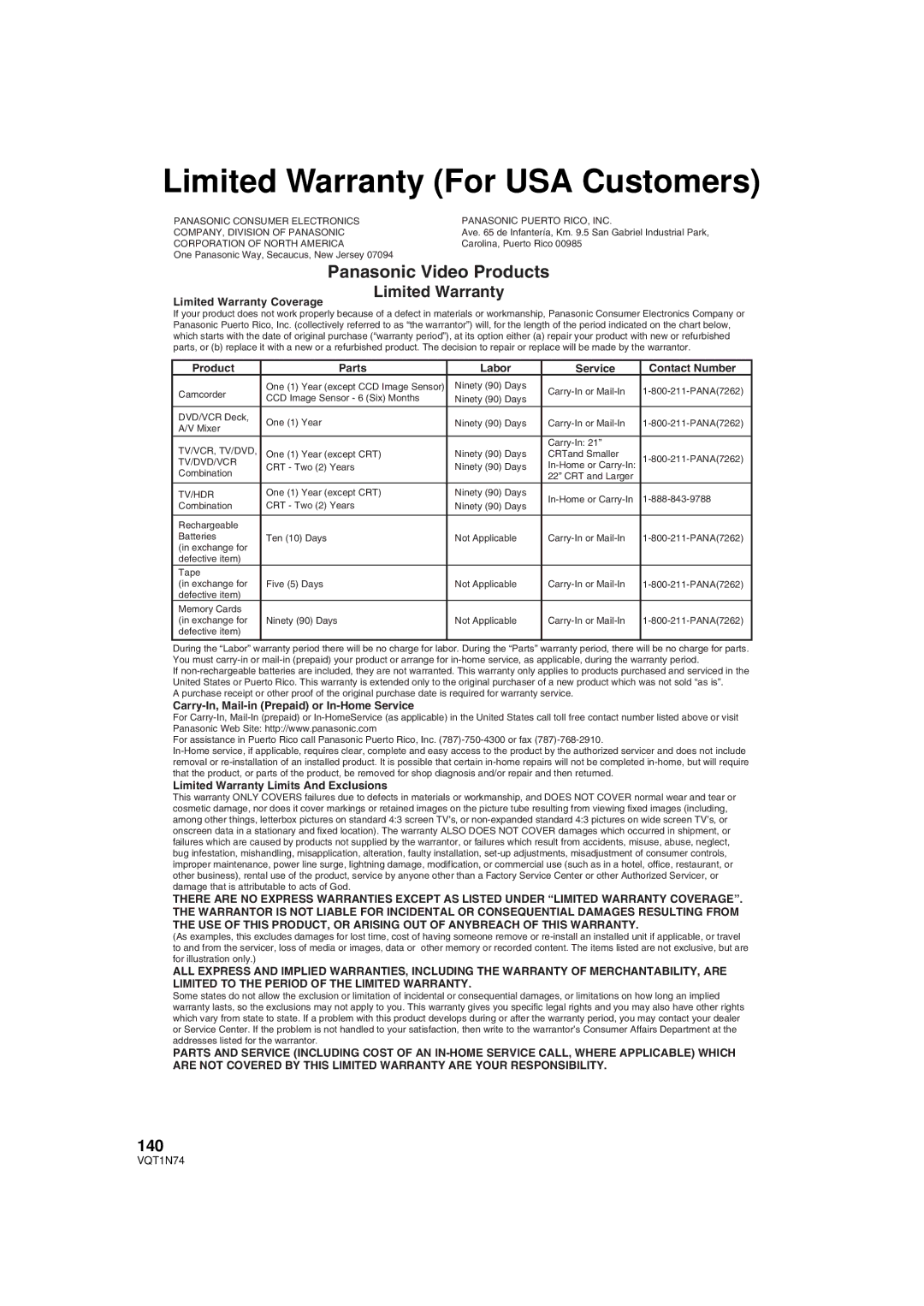 Panasonic HDC-HS9PC operating instructions Limited Warranty For USA Customers, 140 