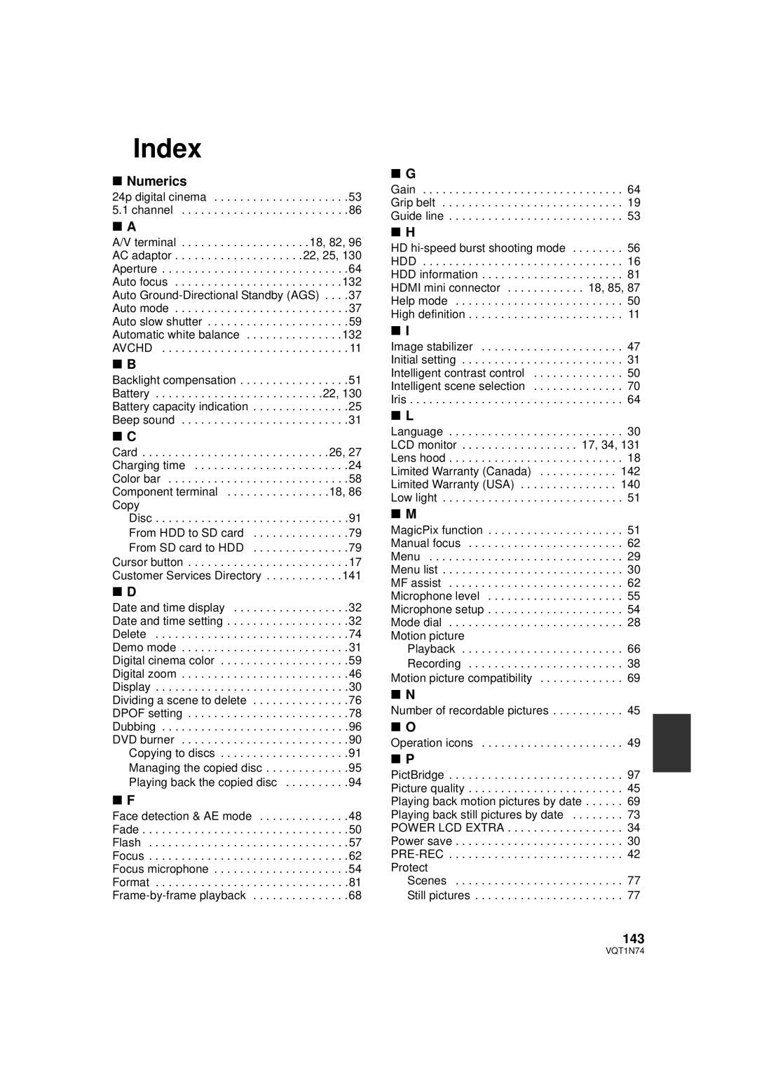 Panasonic HDC-HS9PC operating instructions Index, Numerics, 143 