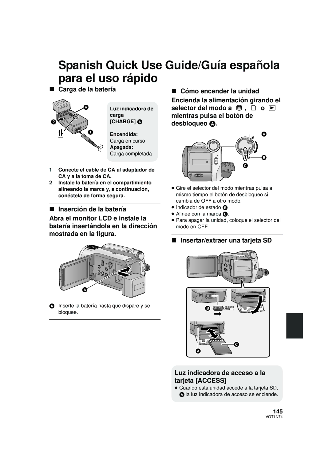 Panasonic HDC-HS9PC Spanish Quick Use Guide/Guía española para el uso rápido, Carga de la batería, 145 