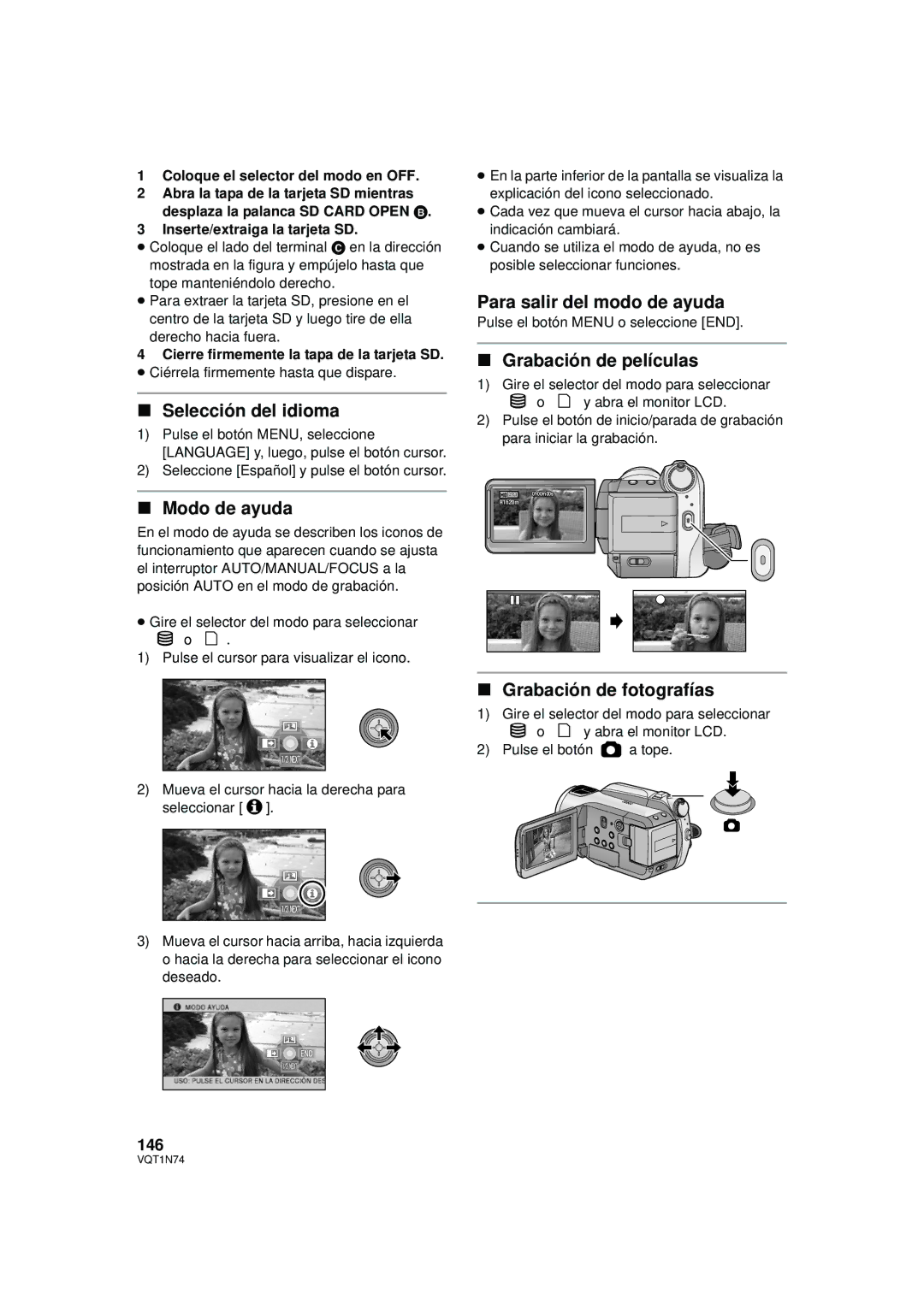 Panasonic HDC-HS9PC Selección del idioma, Modo de ayuda, Para salir del modo de ayuda, Grabación de películas 