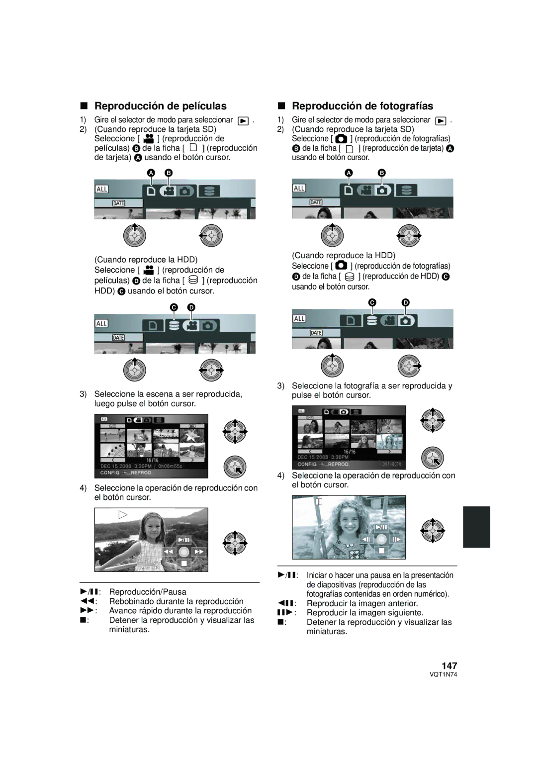 Panasonic HDC-HS9PC operating instructions Reproducción de películas, Reproducción de fotografías, 147 