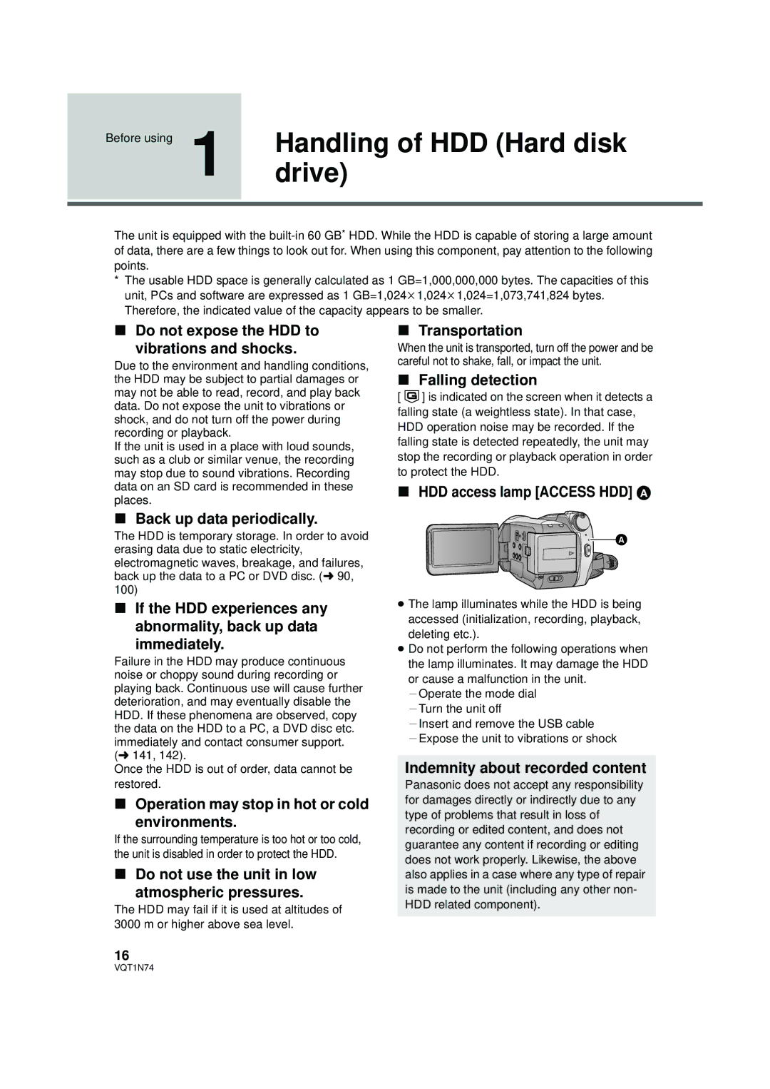 Panasonic HDC-HS9PC operating instructions Before using 1 Handlingdrive of HDD Hard disk 