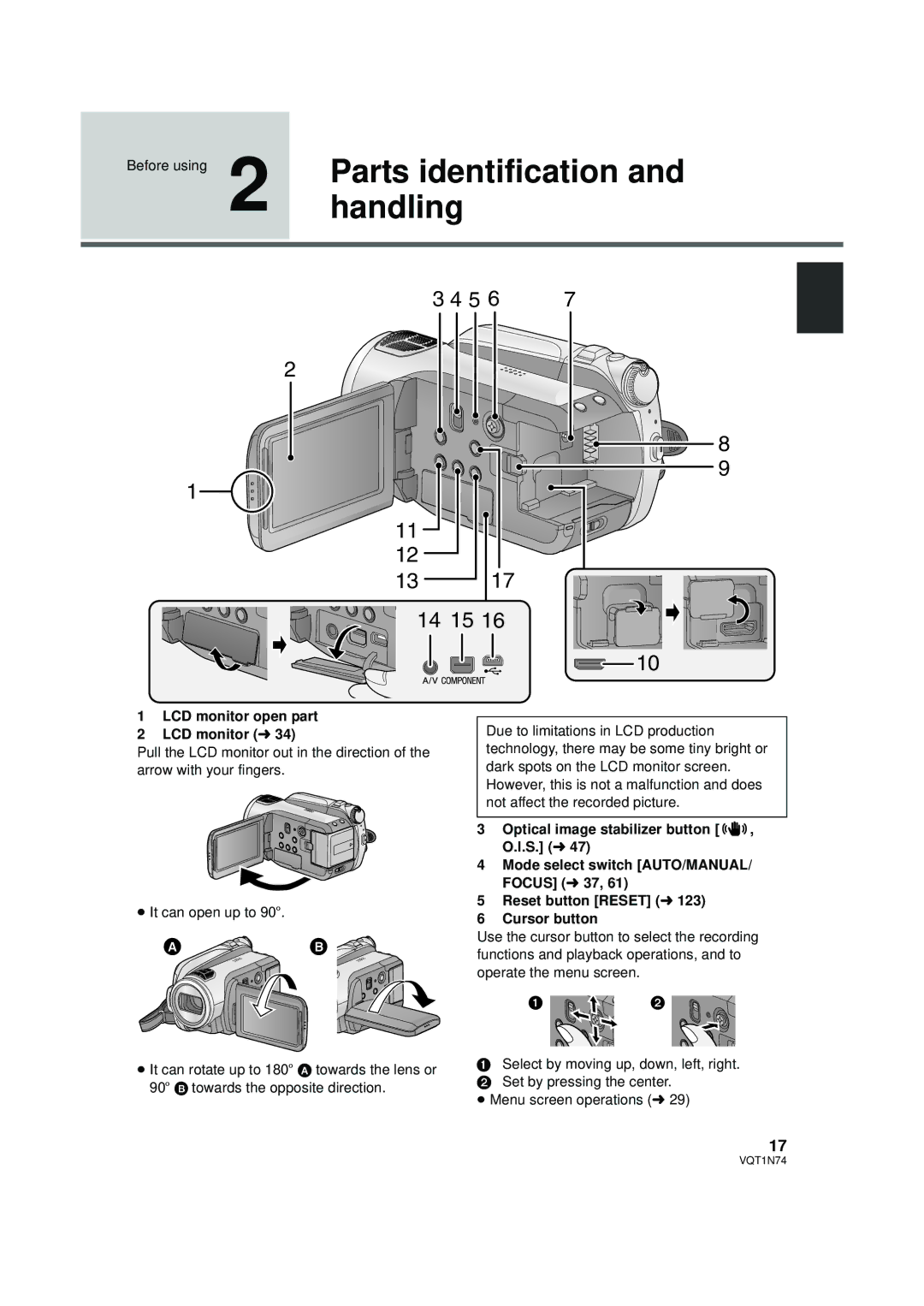 Panasonic HDC-HS9PC Parts identification, Handling, Before using, LCD monitor open part LCD monitor l 