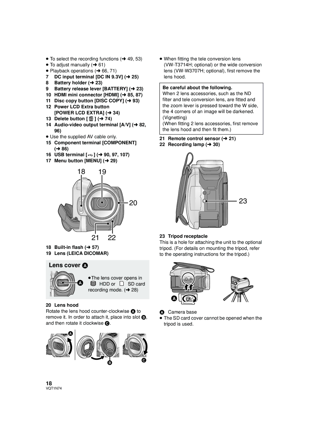 Panasonic HDC-HS9PC operating instructions Lens cover a, Lens hood, Be careful about the following 