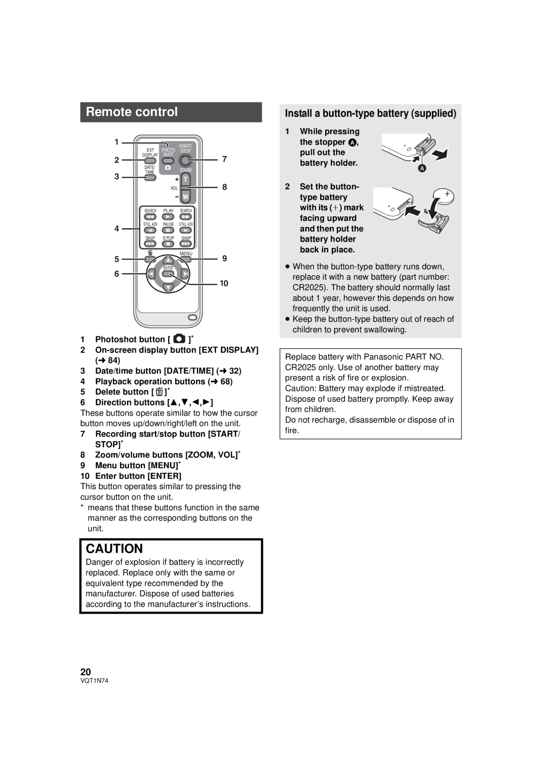 Panasonic HDC-HS9PC operating instructions Remote control, Install a button-type battery supplied 