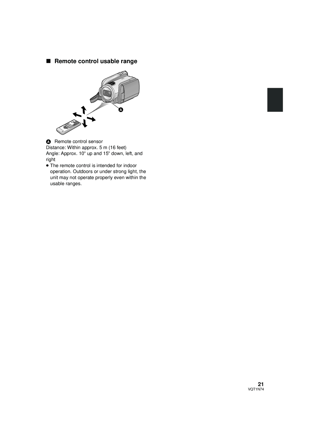 Panasonic HDC-HS9PC operating instructions Remote control usable range 