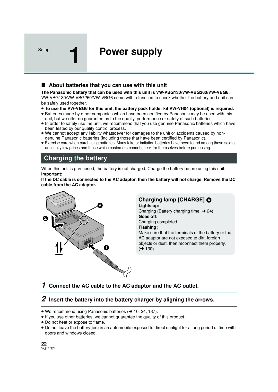 Panasonic HDC-HS9PC Power supply, Charging the battery, About batteries that you can use with this unit 