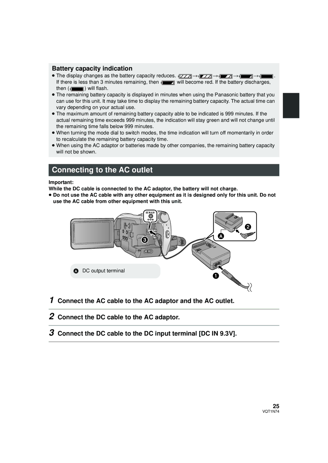 Panasonic HDC-HS9PC operating instructions Connecting to the AC outlet, Battery capacity indication 