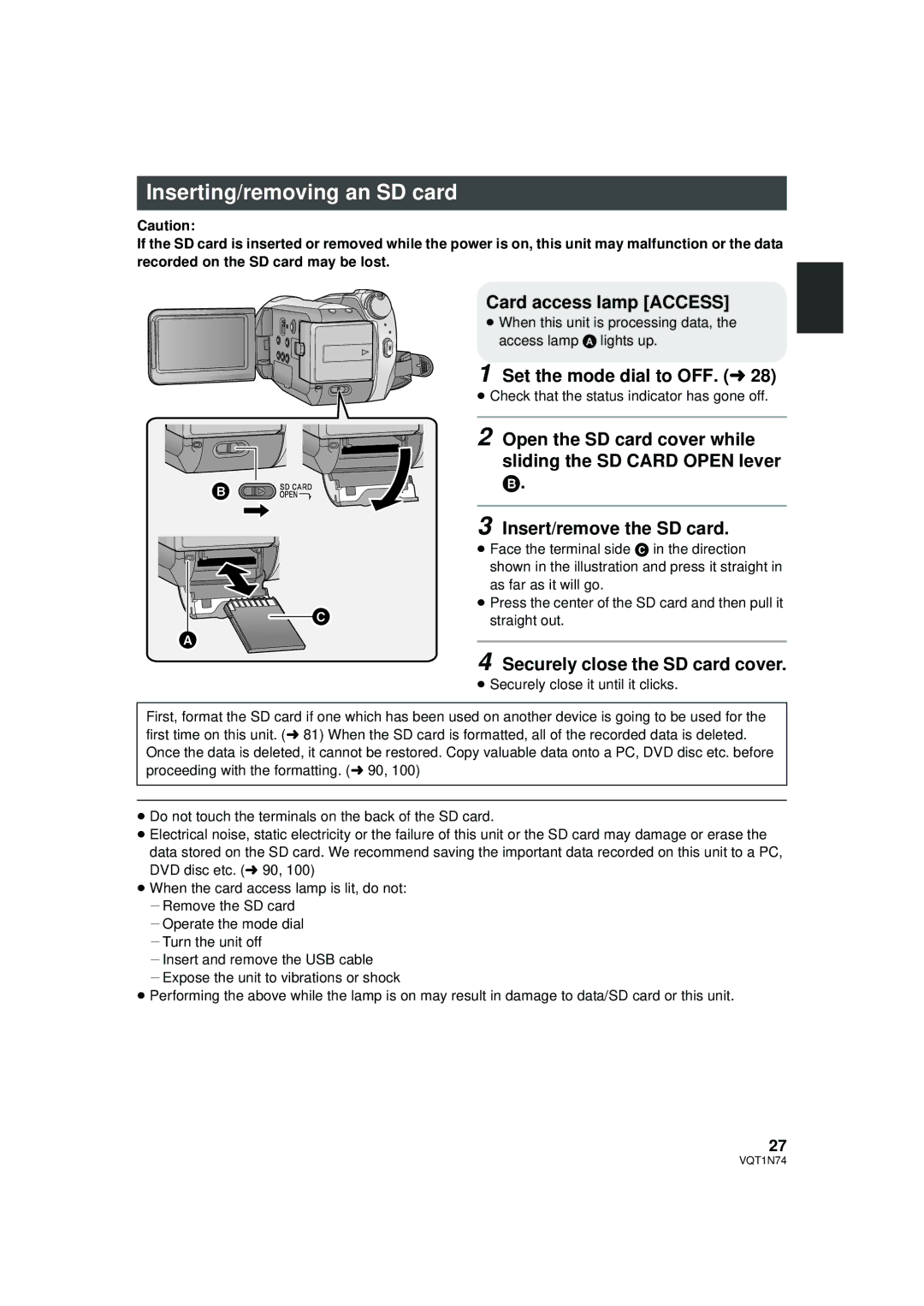 Panasonic HDC-HS9PC Inserting/removing an SD card, Set the mode dial to OFF. l, Securely close the SD card cover 