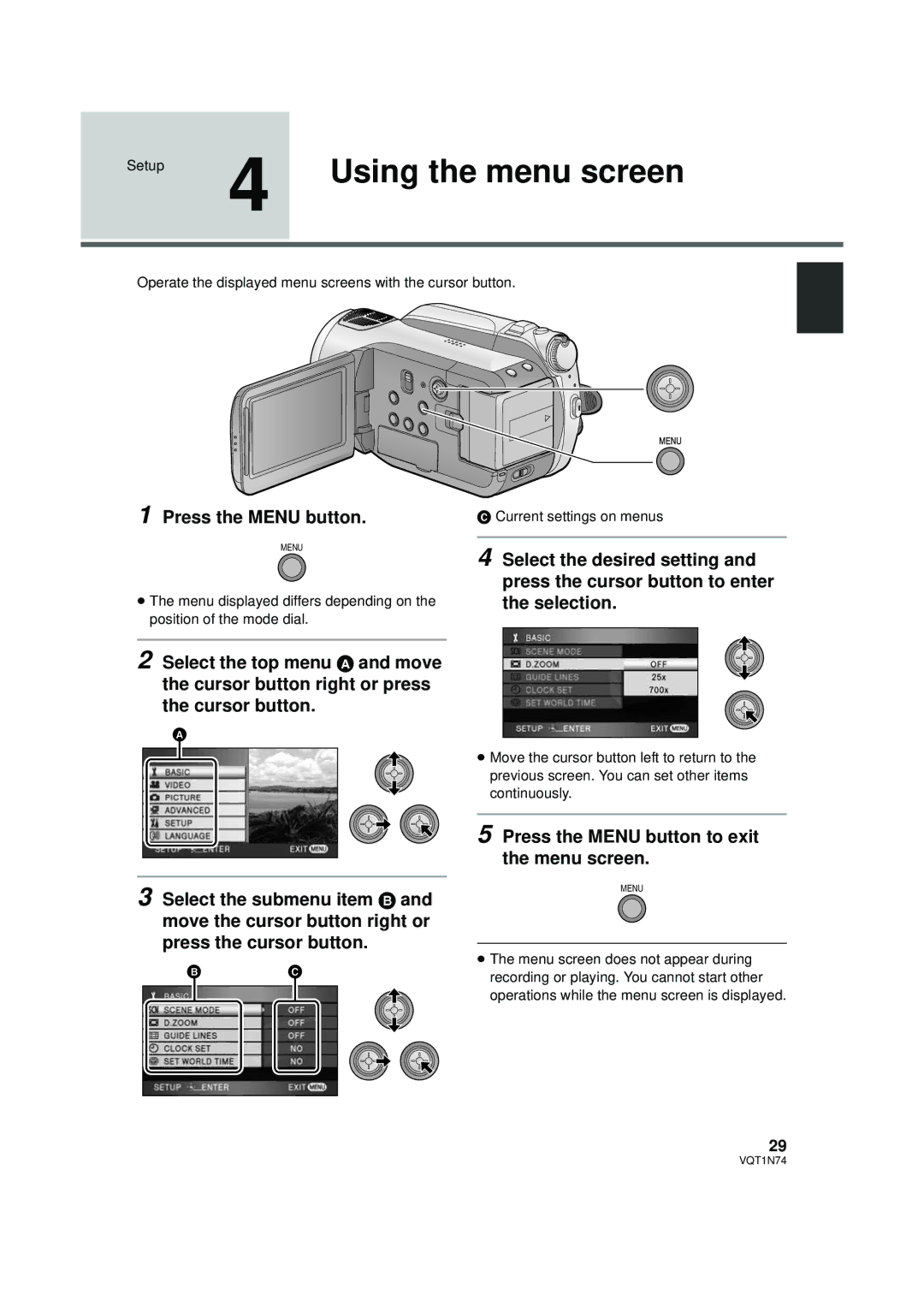 Panasonic HDC-HS9PC operating instructions Setup 4 Using the menu screen, Press the Menu button to exit the menu screen 