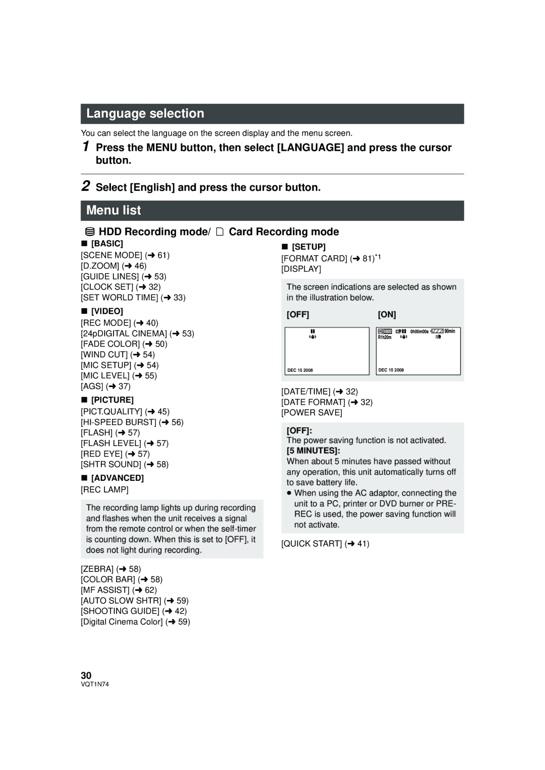 Panasonic HDC-HS9PC operating instructions Language selection, Menu list, HDD Recording mode/ Card Recording mode 